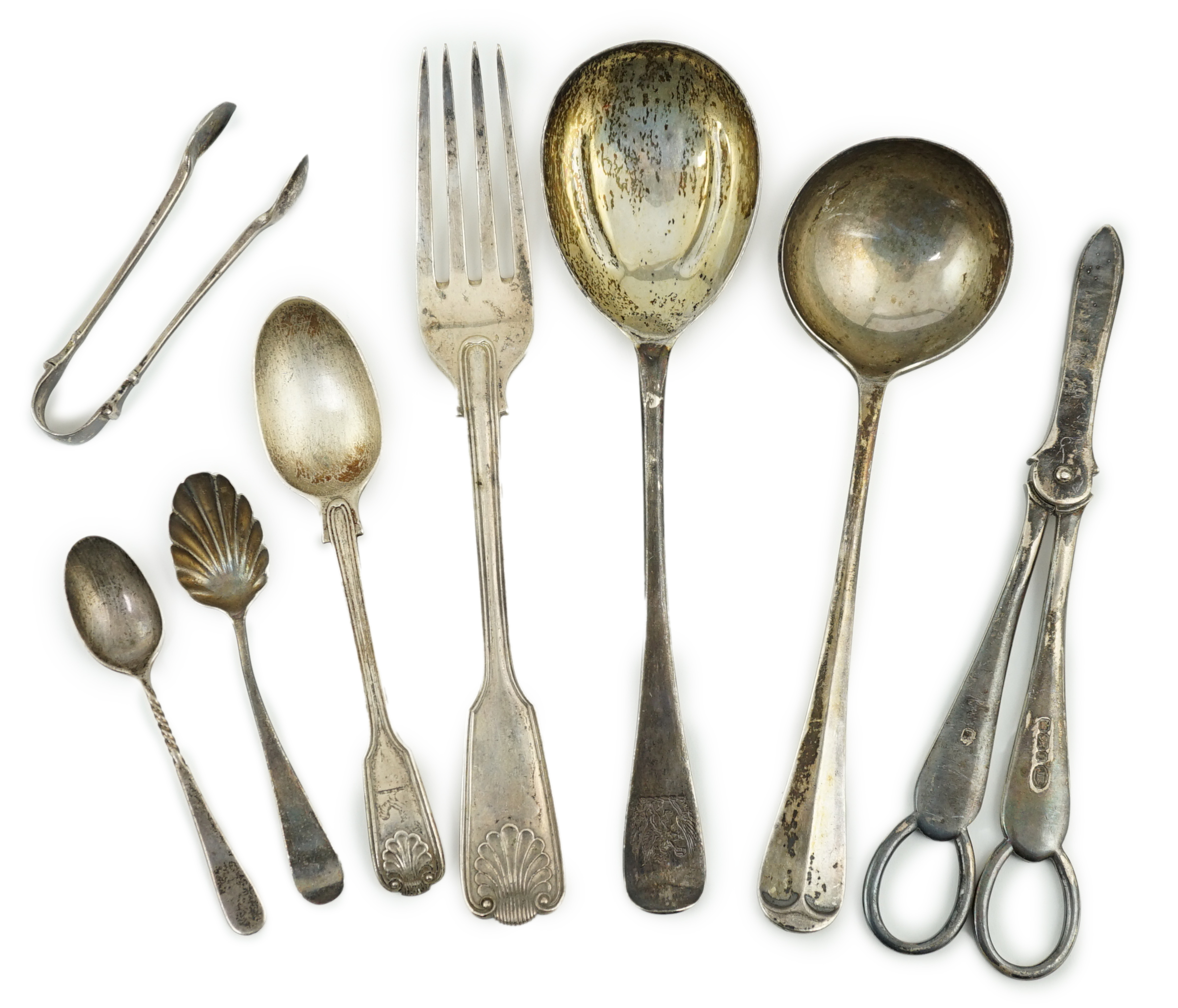 A George III silver serving spoon, London, 1767, together with a small quantity of assorted later flatware